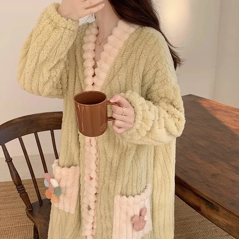 Robes Women Solid Single Breasted Thick Loose Winter Warm Homewear Simple Leisure Lounge Popular College V-neck Feminino Cozy