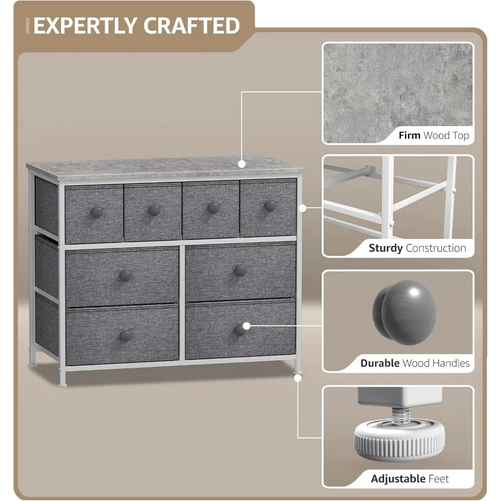 Dresser with 8 Drawers - Chest Clothing Organizer Unit with Steel Frame Wood Top Knob Handle Easy Pull Fabric Bins - Larg 4