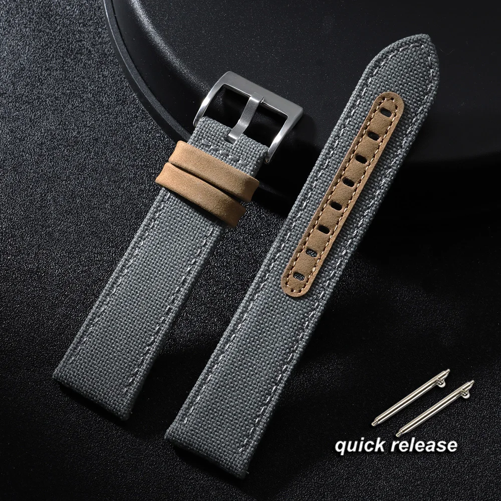 High-Quality Canvas Leather Watch Strap – 20mm/22mm Quick Release Nylon Leather Band