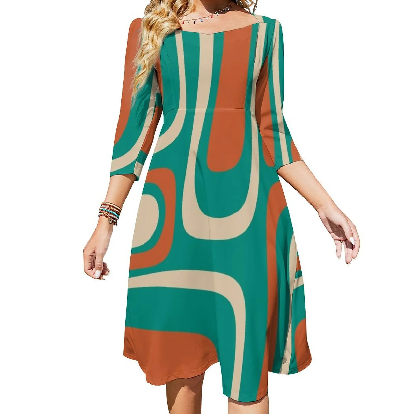 

Ретро ретро средневековый Современный абстрактный узор средней длины модное оранжевое, бирюзовое и бежевое расклешенное платье летняя одежда