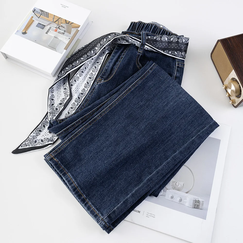 XXXXL Fashion Plus Size Women's Straight Leg Jeans 2025 Autumn Silk Belt Stretched Denim High Waisted Full Length Pants 2536