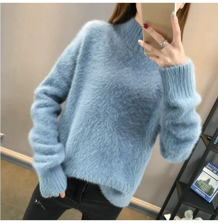 Winter Mink Faux Cashmere Thick Sweater Women Jumper White Pull Femme Loose Pullover Knitted Fluffy Sweaters For Women Winter