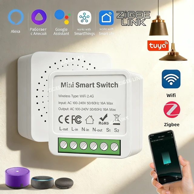 Tuya WiFi Zigbee3.0 Mini Smart DIY Switch 16A/20A 2 Way Control Smart Home Relay Automation Breaker Works With Alexa Google Home