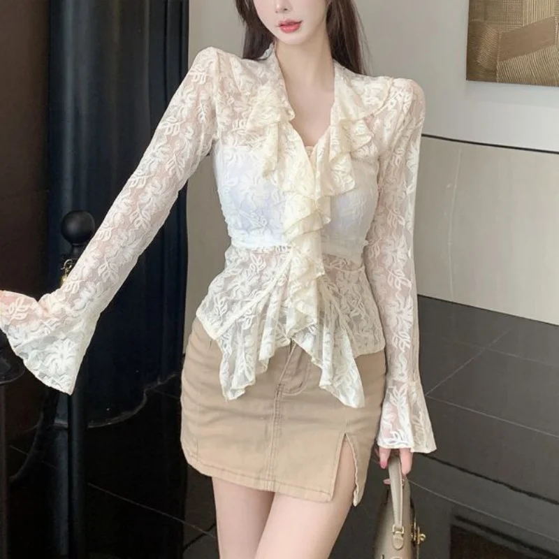 y2k Lace Blouse Women Coquette Clothes Sheer See Through Ruffle Flared Long Sleeve Shirt Top 2000s Clothing Streetwear