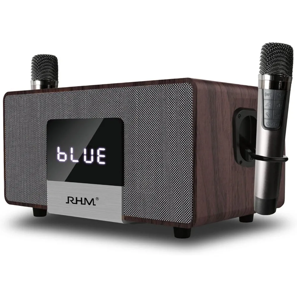 

New K222 Karaoke Machine with 2 UHF Wireless Microphones & 5 Sound Modes, Support Optical/Bluetooth/AUX/USB/PC, Wooden