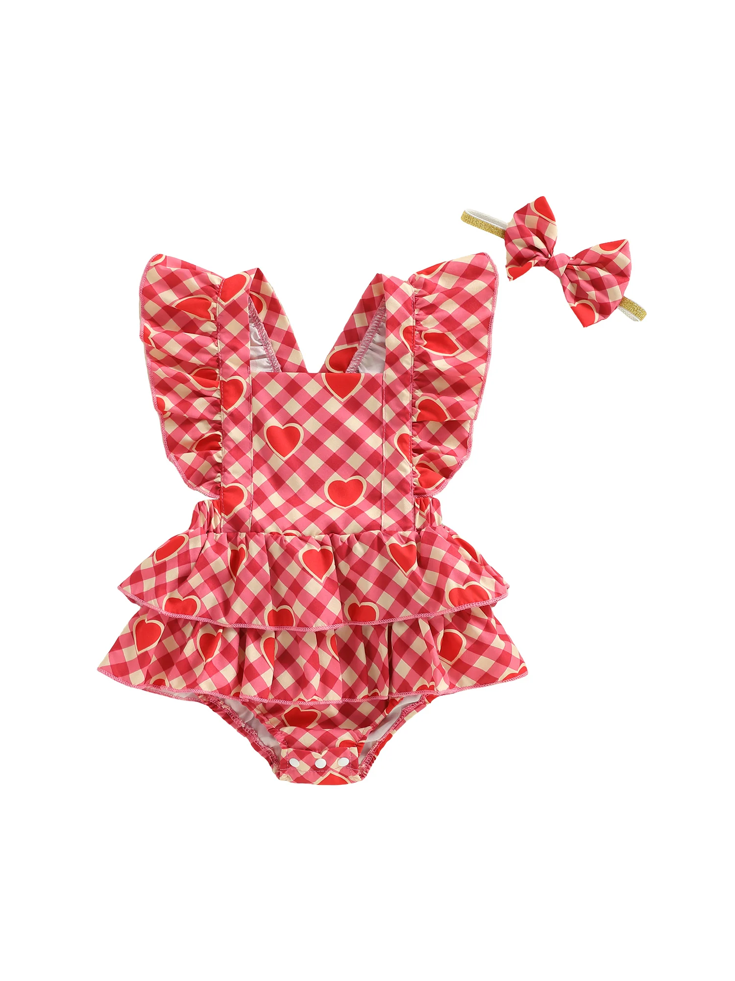 Toddler Girl Valentine s Day Dress Heart Print Ruffle Sleeve Square Neck Romper Bow Headband 2 Piece Outfit Set with Love