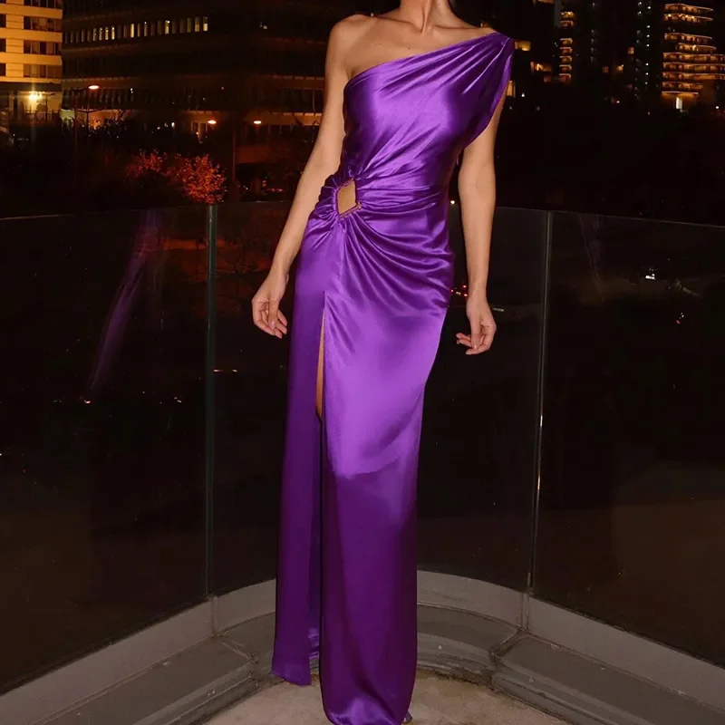 

Elegant Women's Gowns Purple Guest Wedding Party Dress Sexy Oblique Shoulder Sleeveless Evening Dresses Hollow Out Outfits