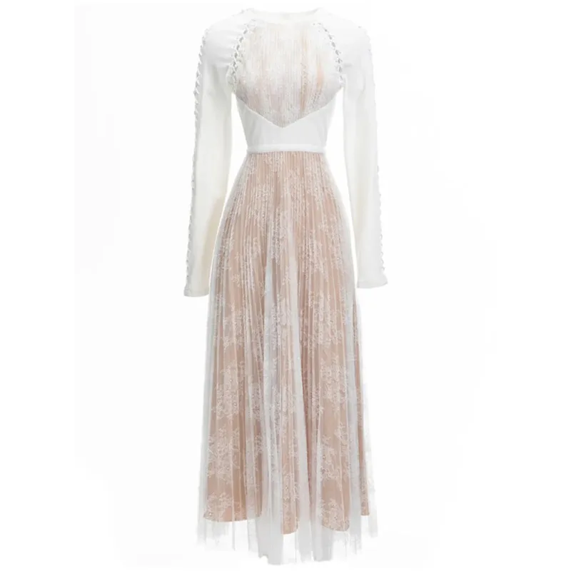 

Dresses For Women 2022 Elegant High Quality Luxury Designer Autumn O-neck Lace-up Long Sleeve Lace Patchwork Lace Party Dress