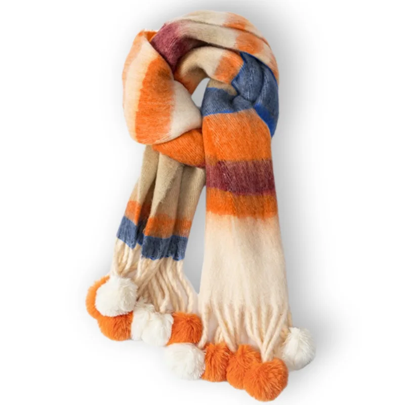 Dopamine Color Rainbow Fuzzy Scarf for Women Plush Striped Infinity Wrap with Pom-Pom Tassels Thermal Shawl for Autumn Winter