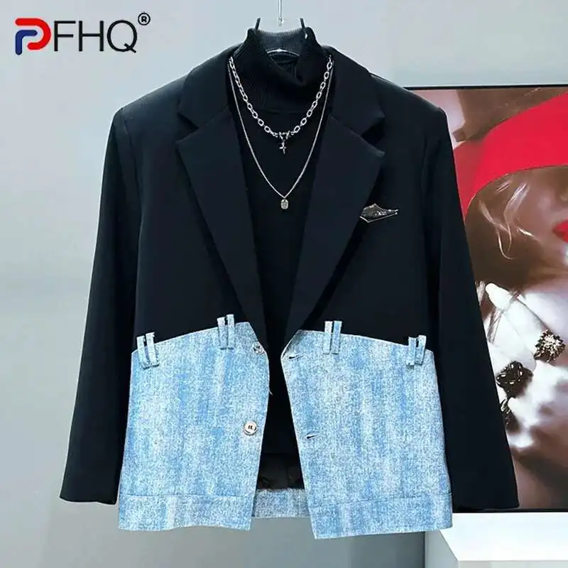 PFHQ Spring Autumn Design Men's Fashion Trend Casual Splicing Denim Patchwork Suit Jacket Streetwear