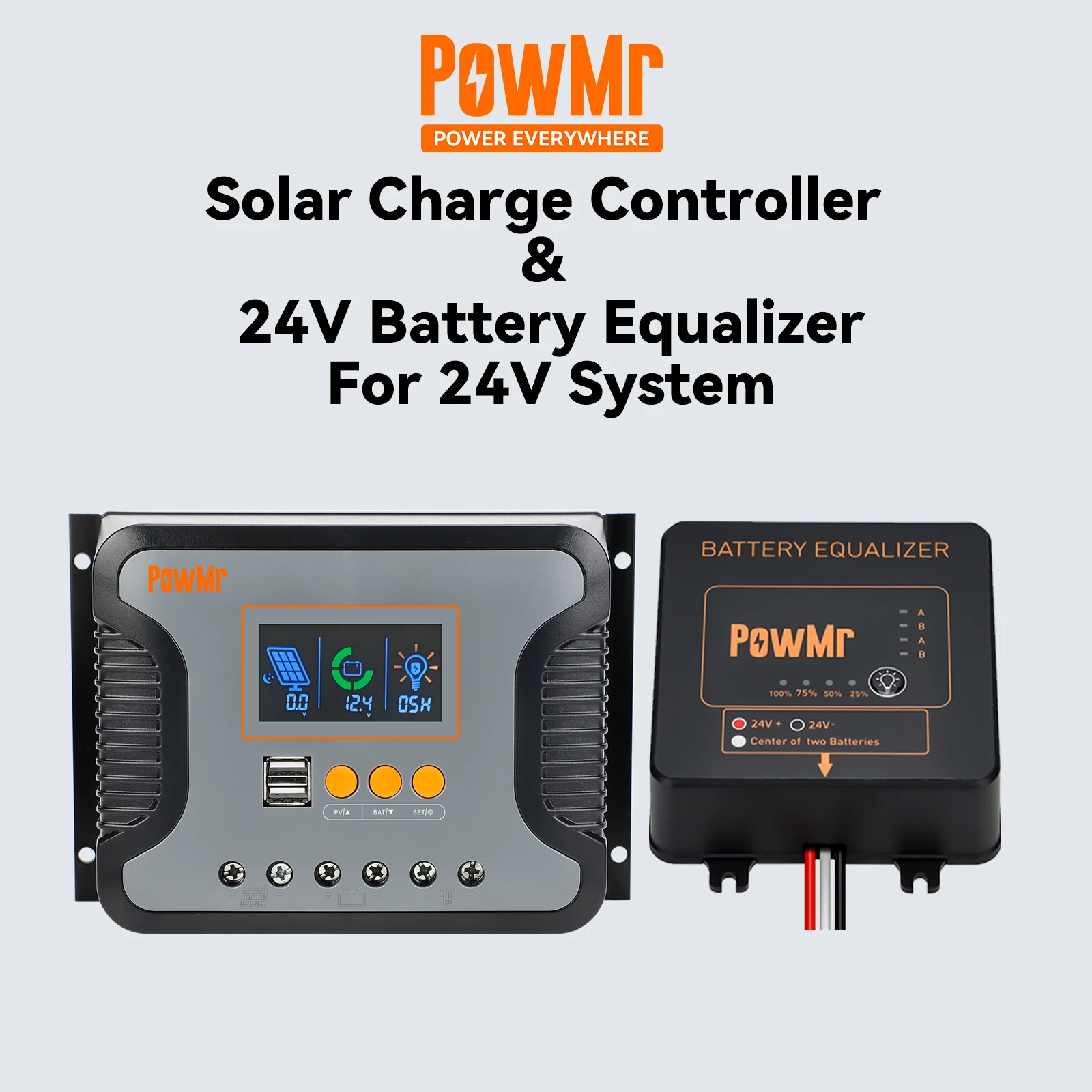 thumbnail image 1 of Controlador de carga Solar PowMr 30A 60A 80A PWM, detección automática, controlador de sistema de batería de 12V 24V 36V 48V con ecualizador de batería, 1 of 5