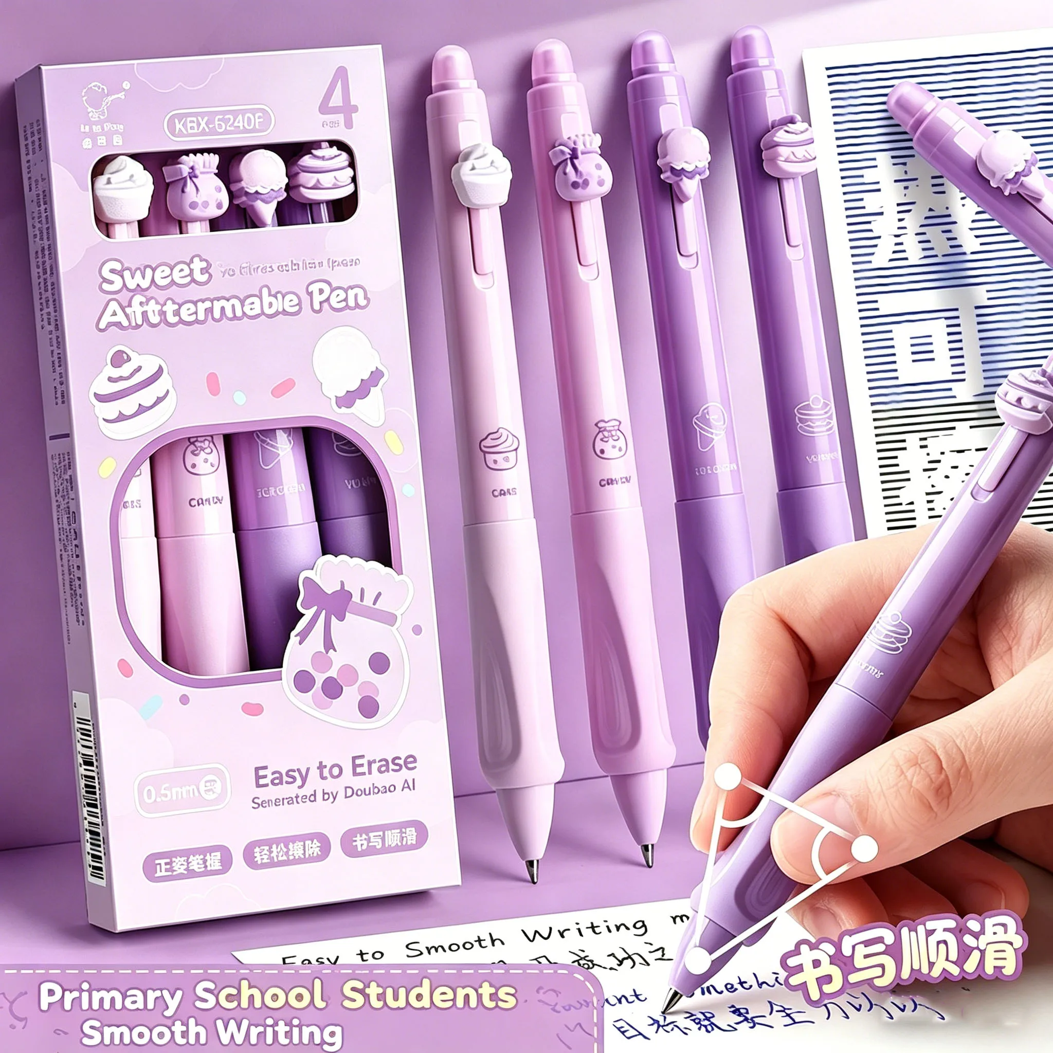 Penne Gel Cancellabili Sweet Afternoon Tea, 4 Pezzi, Viola, Carine, a Scatto, 0.5mm, Impugnatura Ergonomica, Inchiostro Nero, per Studenti