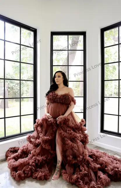 V Neck Ruffles Prom Dresses for Pregnant Women Front Split Evening Dress Maternity Gowns for Photo Shoot Robes Auburn