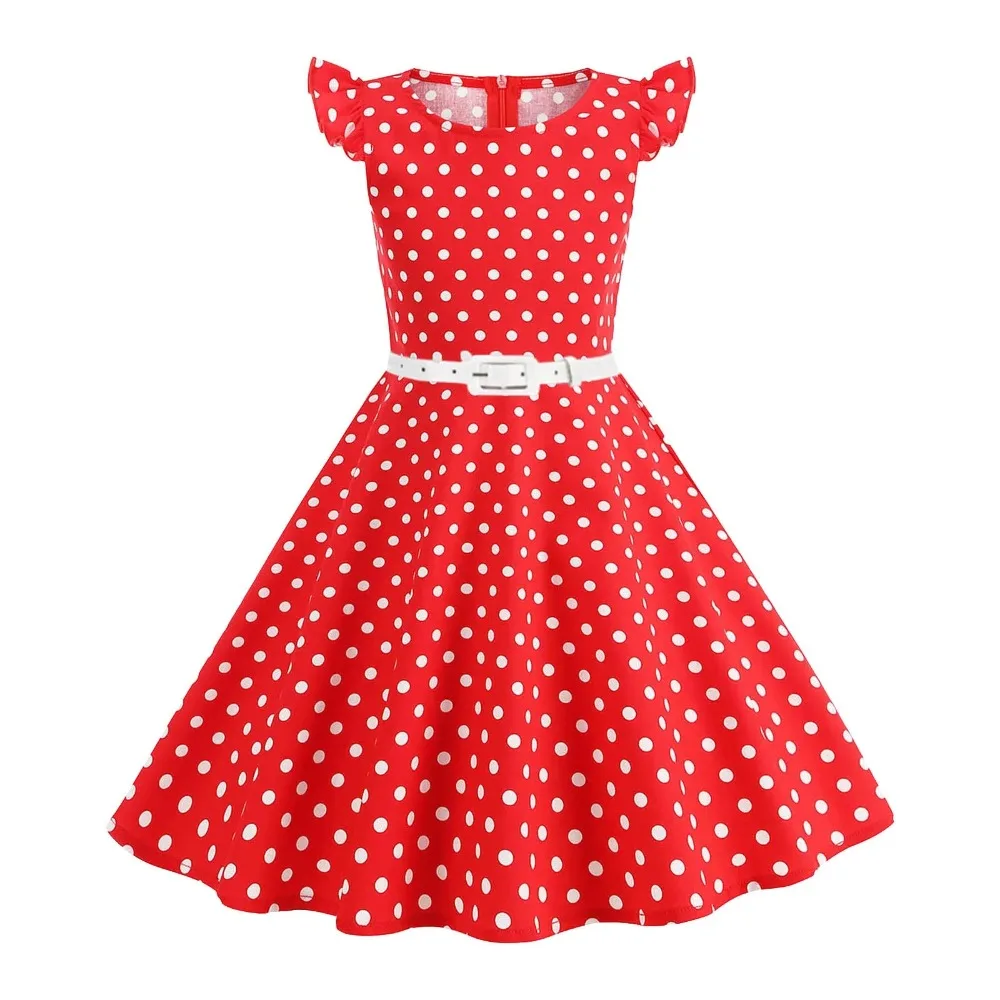 Girls' Vintage Dresses Fashion 50s 60s Polka Dot Print Sleeveless Long Dress With Belt Princess Dress Summer Children Clothes - 5