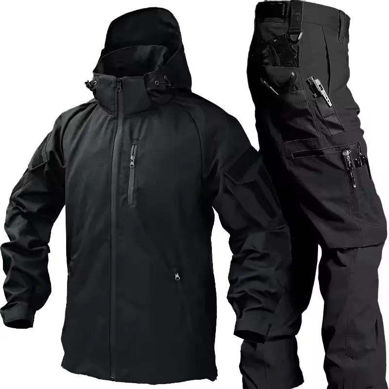 Mens Combat Sets Outdoor Wear-resistant Hooded Tactical Jacket+Multi Pocket Hunting Pants 2-piece Waterproof Training Suits 2
