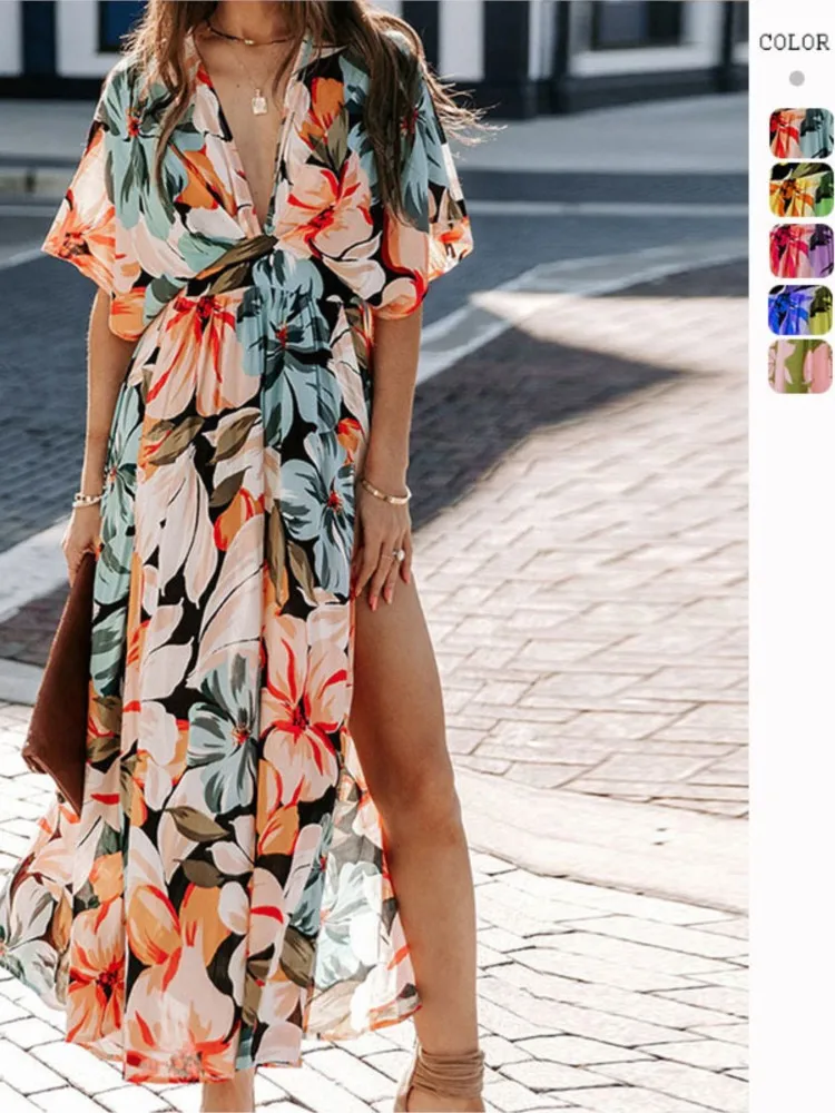 

2024 Summer New Flower Print Long Dresses Women Sexy Deep V-neck High Waist Slit Dress Fashion Casual Beach Vacation Vestidos