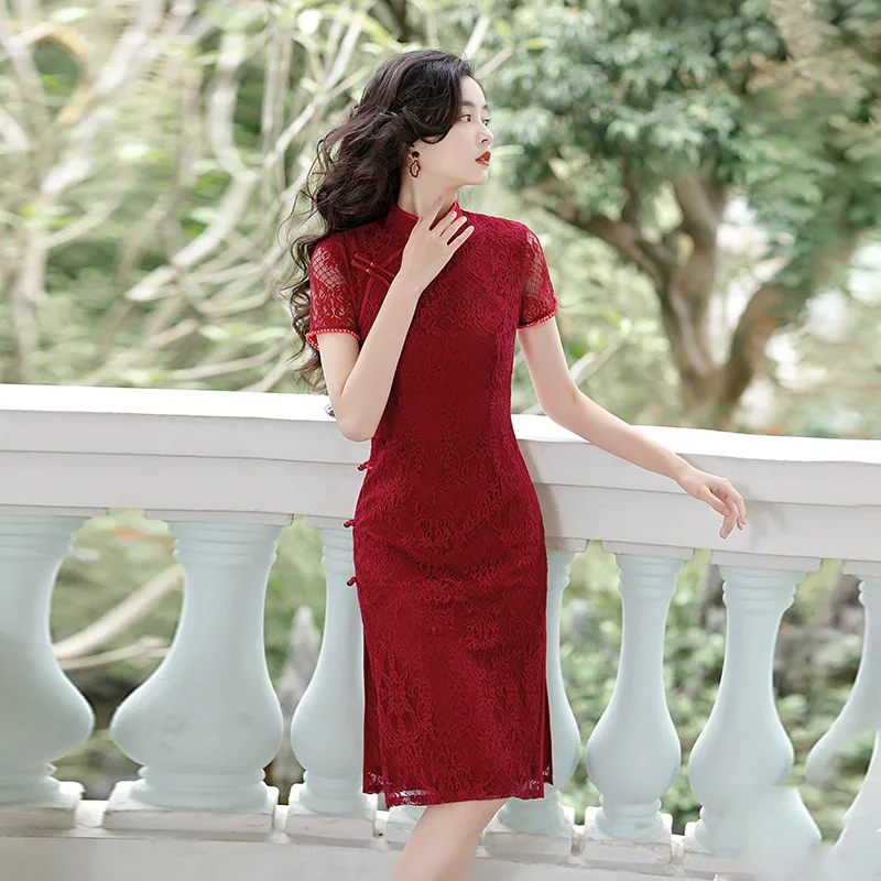 

Summer Burgundy Sexy Beaded Short Sleeve Chiffon Chinese Women Cheongsam Elegant Lace Knee-Length Qipao Dresses
