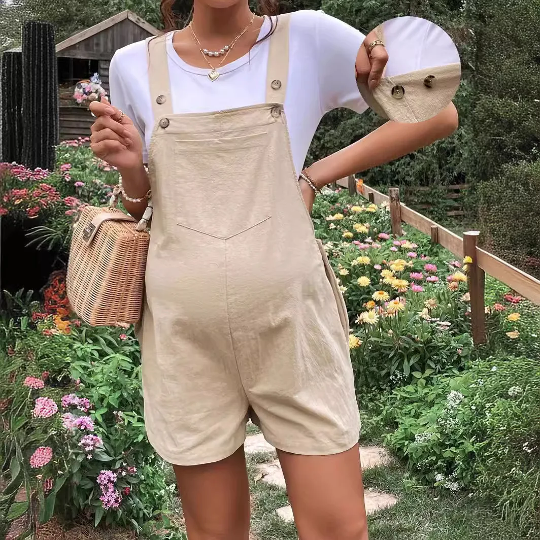 Pregnant Women's Solid Color Suspender Jumpsuit Adjustable Waist Comfortable Casual Shorts
