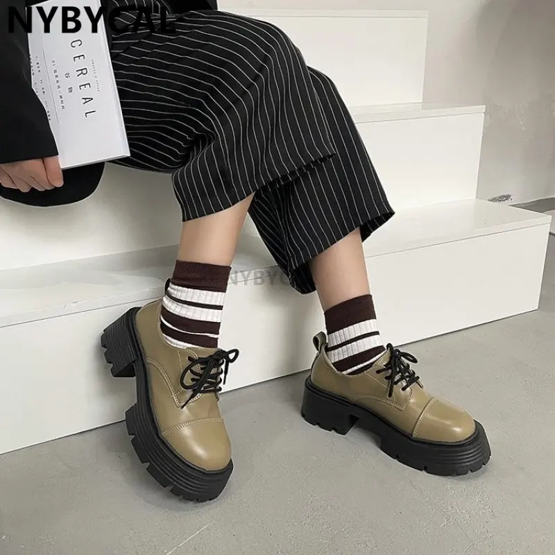 2023 New Women Loafers Female Fashion Platform Pu Block Heels Lolita Shoes Ladies Cute Lace Up Shallow Autumn Sudents Footwear