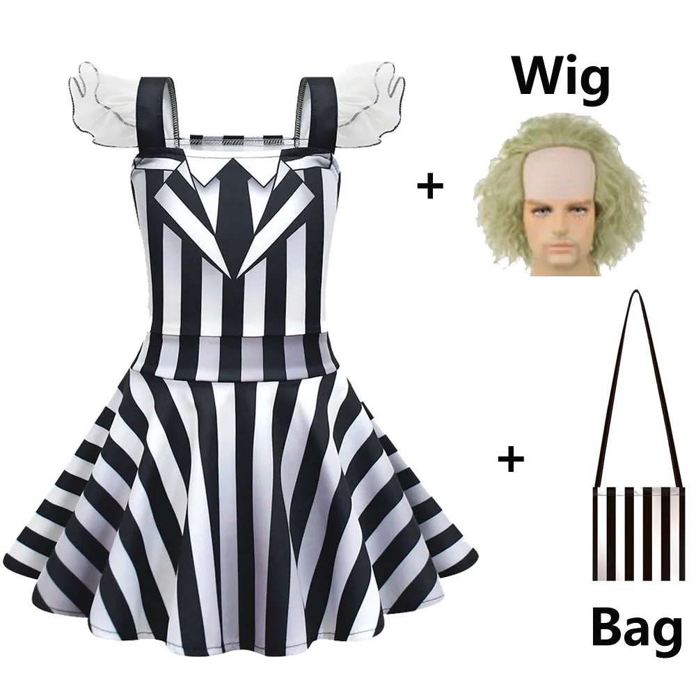 thumbnail image 1 of New BBeetlejuice 2 Roleplaying Kids Costume Girl Cosplay Troublemaker Demon Pleated Skirt+Wig Suits Child Halloween Funny Clothe, 1 of 5