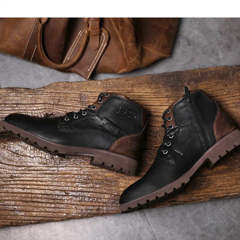 Men's Leather Short Boots - Sewn Autumn Boots With Rubber Sole, Casual Outdoor Work Shoes - View #3