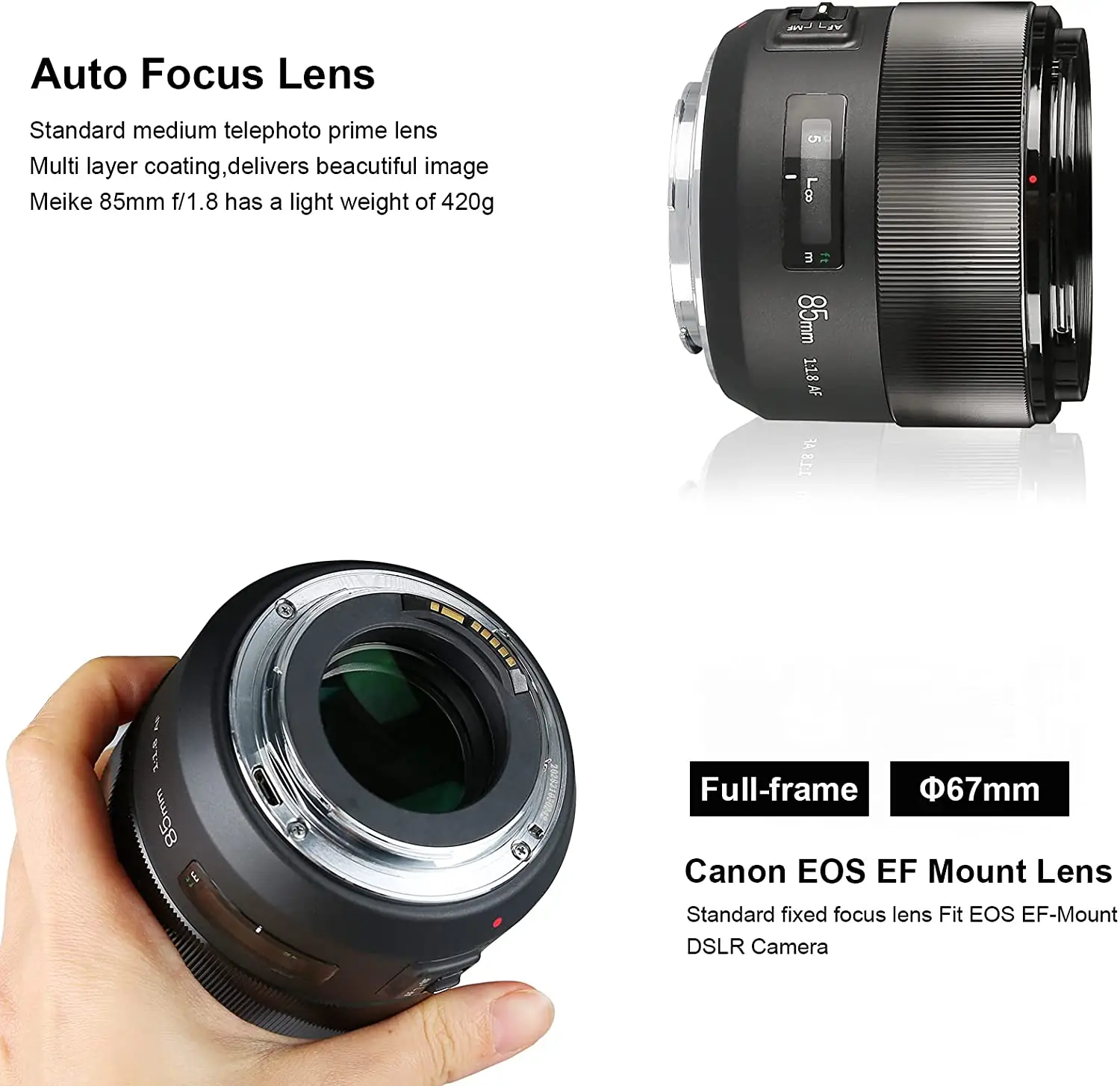 Meike 85mm F1.8 Full Frame Auto Focus Portrait Prime Lens for Canon EOS EF Mount Digital SLR Cameras 1300D 600D200D 6D 5D 450D 3