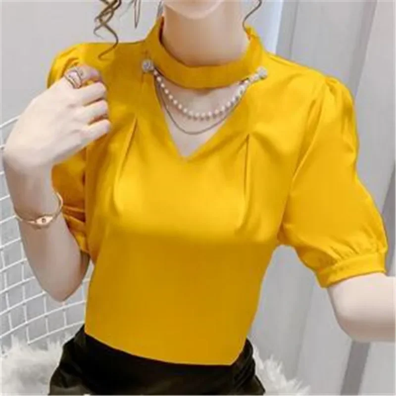 

Women Summer Style Blouses Shirts Lady Fashion Casual Puff Short Sleeve O-Neck Solid Pearl Blouses Tops WY022777