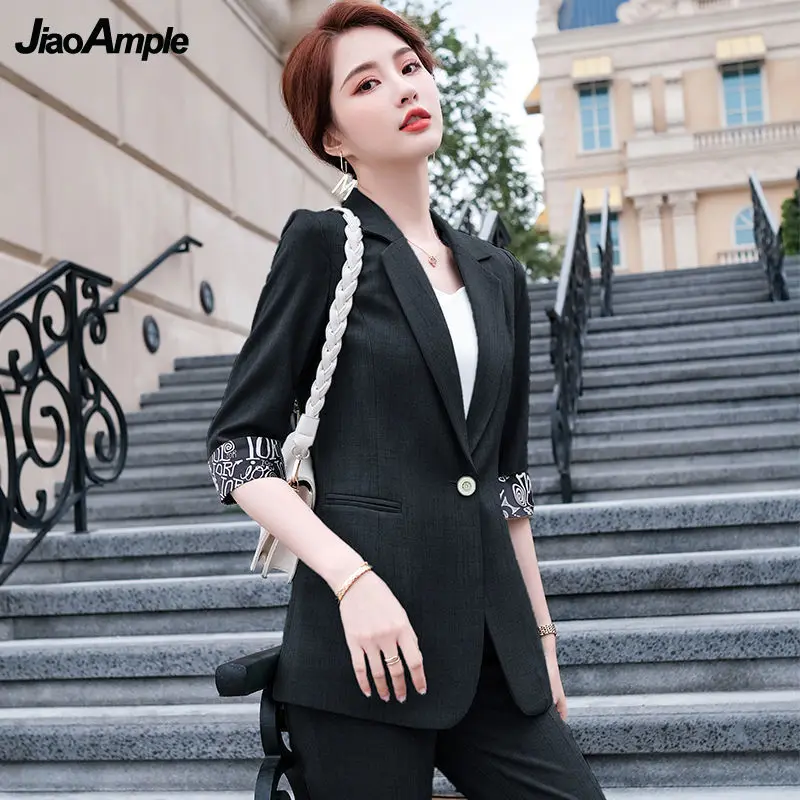 Women's Summer Suit Jacket Pants Set 2022 New Mid-sleeve Blazers Coat Trousers Two-piece Korean Elegant Professional Wear women s professional wear 2022 spring autumn new casual suit jacket pants two piece korean loose elegant blazers trousers set