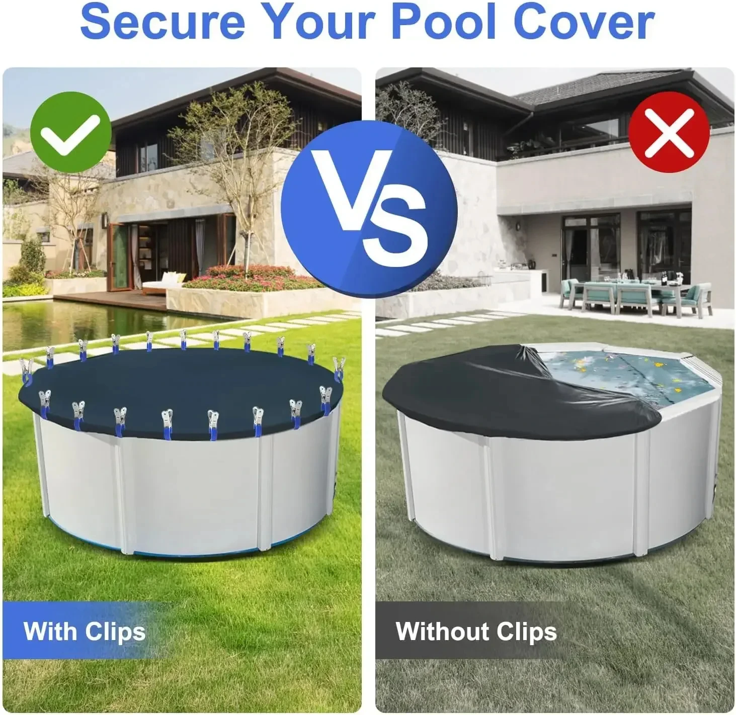 6 Pieces Durable Stainless Steel Pool Cover Clips with Blue Plastic Handles - Heavy Duty Windproof Spring Clips for Secure Above