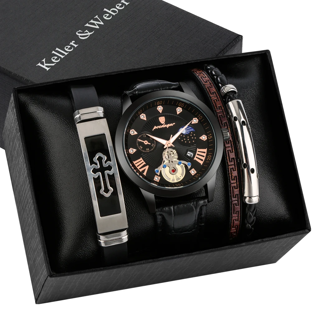 Creative Men's Watches Luxury Original Watch Bracelets Gift Set Box Quartz Leather Waterproof Calendar Wristwatch for Men Gifts