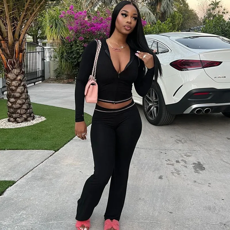Fashion Printed 2 Piece-Set Women Hoodie Slim Cropped Top And High Waist Trousers Outfits Contrast Women's Pants Sets