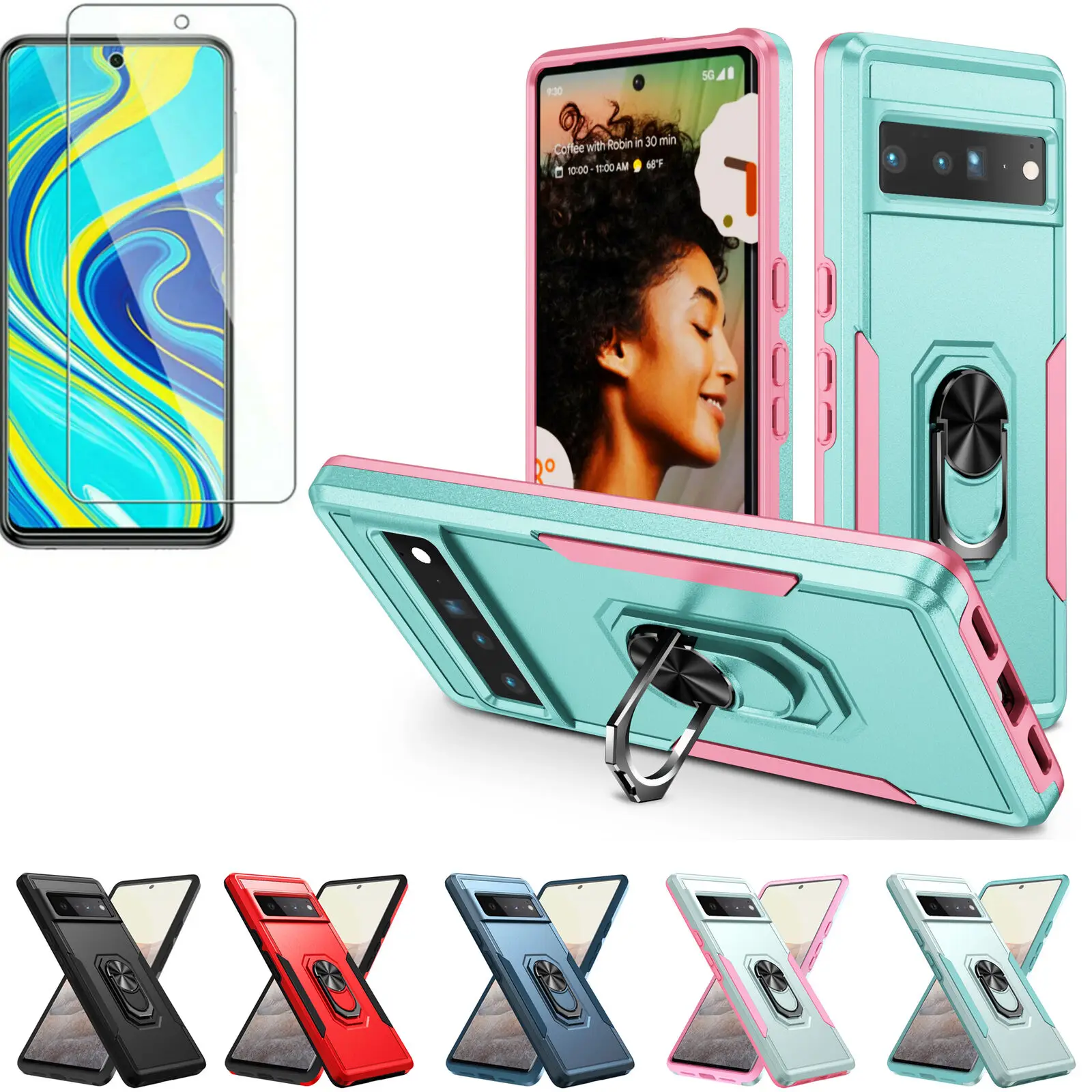 

KickStand Cover Heavy Duty Case For Google Pixel 6 6a Pro Case Magnetic Holder Ring Shockproof Armor Cover+Tempered Glass