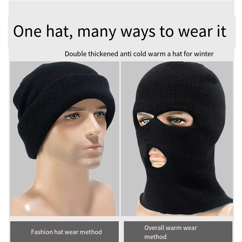 Winter Men's Face Mask, Warm Hood, Sports Scarf, Skiing Hat, Three Hole Wool Hat, Outdoor Cycling Knitted Pullover Hat 4