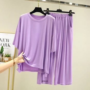 크기 7XL 150KG 여성 모달 잠옷 세트 짧은 소매 O 넥 탑스와 바지 Sleepwear Oversize Solid Color Homewear loose Clothes