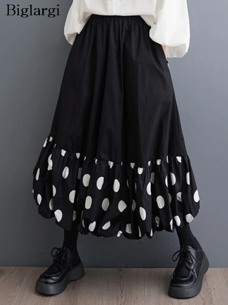 

Polka Dot Print Spring Elastic High Waist Midi Oversized Skirt Women Ruffle Pleated Loose Modis Ladies Skirts Casual Woman Skirt