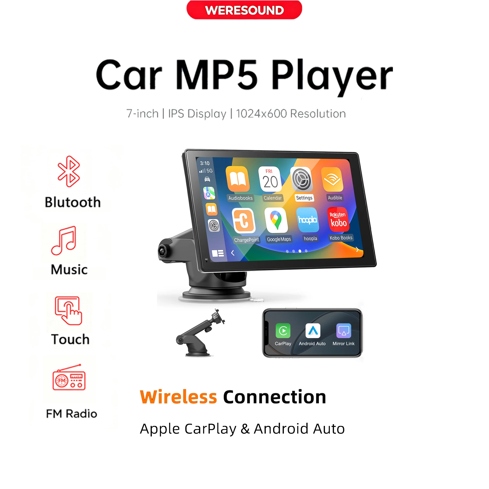 Lecteur MP5 universel pour voiture WERESOUND avec écran tactile de 7 pouces, Apple Carplay sans fil, Android Auto, Mirro Link, BT 5.0, radio FM, lecteur multimédia portable, autoradio 1 Lecteur MP5 universel pour voiture WERESOUND avec écran tactile de 7 pouces, Apple Carplay sans fil, Android Auto, Mirro Link, BT 5.0, radio FM, lecteur multimédia portable, autoradio 1