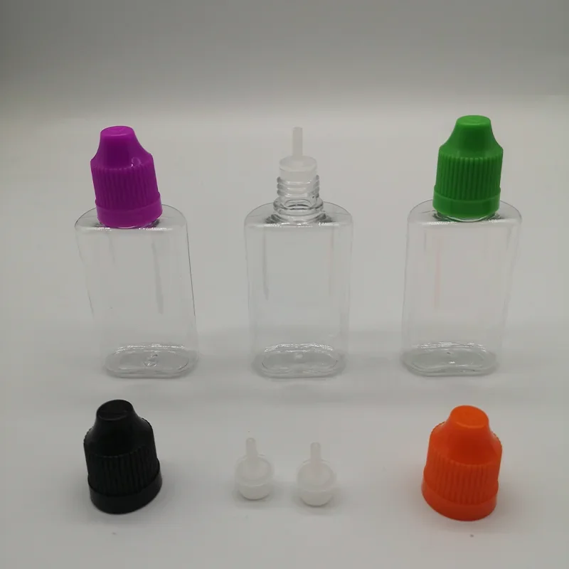 100pcs 30ml Clear/Black PET Plastic Square Flat Dropper Bottles Long Tip Cap Empty Liquid Dropper Squeezable Refillable Bottles
