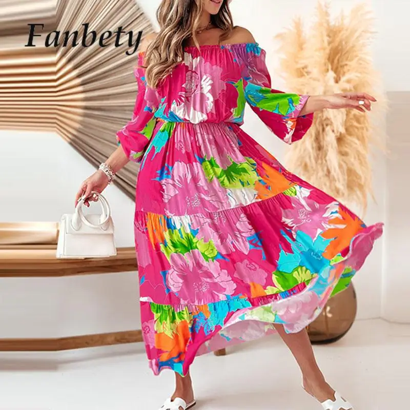 

Fashion Colorful Pattern Print Boho Beach Dress Women Elastic Slash Neck Pleated Party Dress Autumn Floral Elegant Dress Vestido