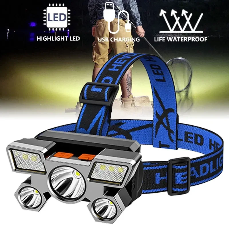 

COB 5 LED Lights Headlamp Rechargeable with Built in 18650 Battery Strong Torch Camping Adventure Fish Head Lantern Flashlight