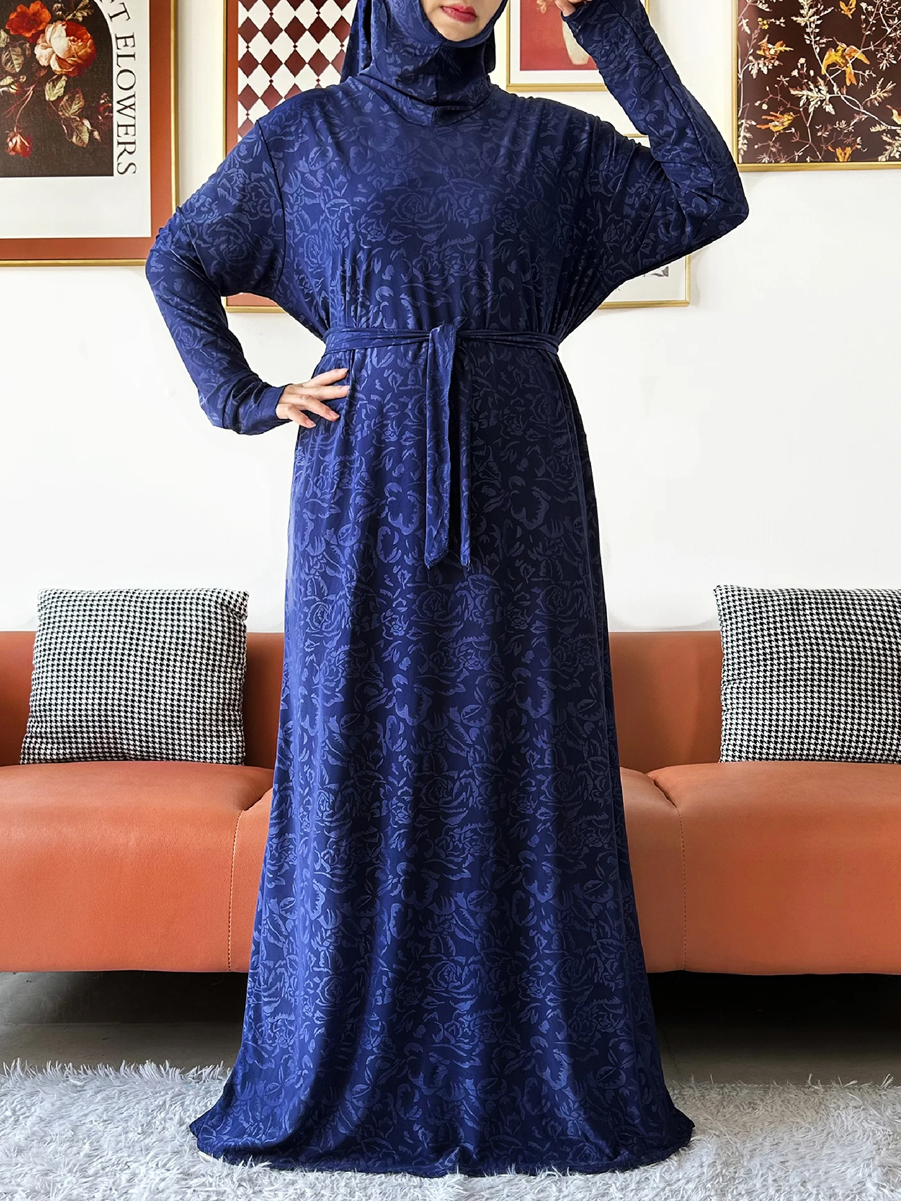 2025 Muslim Solid Abaya For Women Ramadan Prayer Garment Joint Hat Dubai Turkey Middle East Femme Robe Floral Loose Dress 4