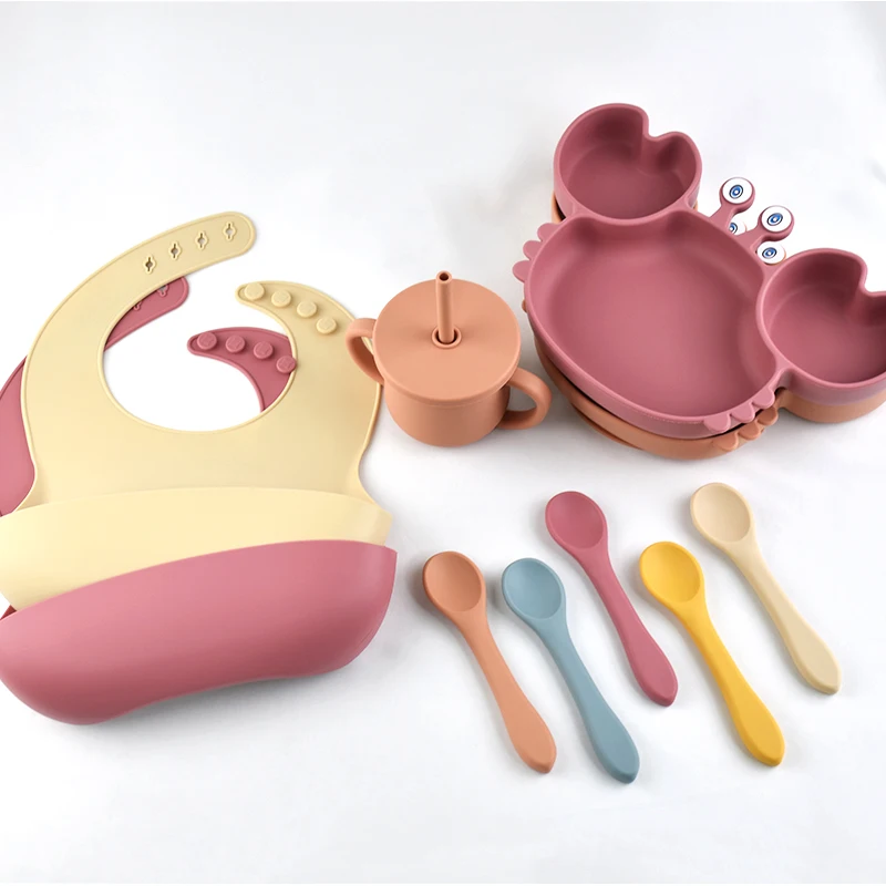 Silicone Dining Plate Silicone Meal Set Silicone Feeding Set Baby Tableware Set Silicone Feeding Bowl Rotary Feeding Bowl Children Feeding Tray Baby Food Bowl 8-Piece Set Children's Tableware Food Grade Silicone Baby Bib Cups Forks Spoons Divided Plates & Impact Resistant Tableware