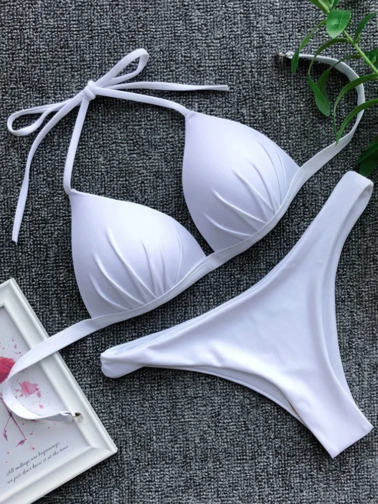 2025 Halter Bra Cup Bikini Sexy Swimsuit Female White Swimwear Women Push up Bikini set Brazilian Bathing Suit Bandeau Swim suit
