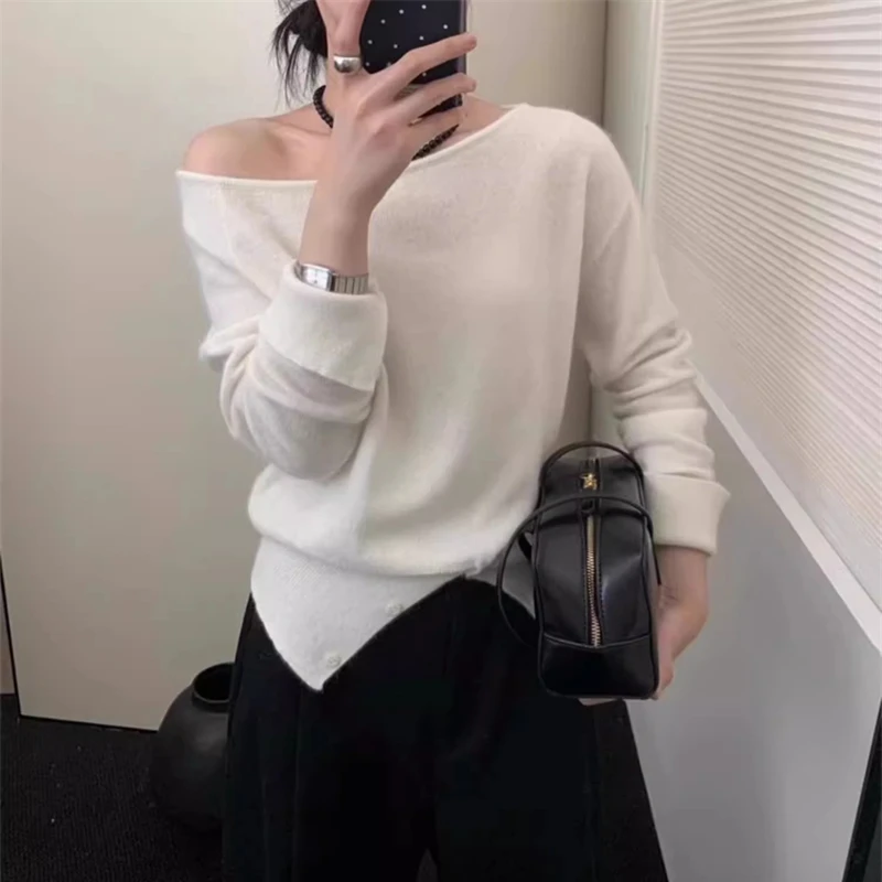 Fashion Striped Long Sleeve Tops Casual Gentle Slanted Shoulder Knitted Pullover Sweater Autumn Women Loose Casual Thin Clothing