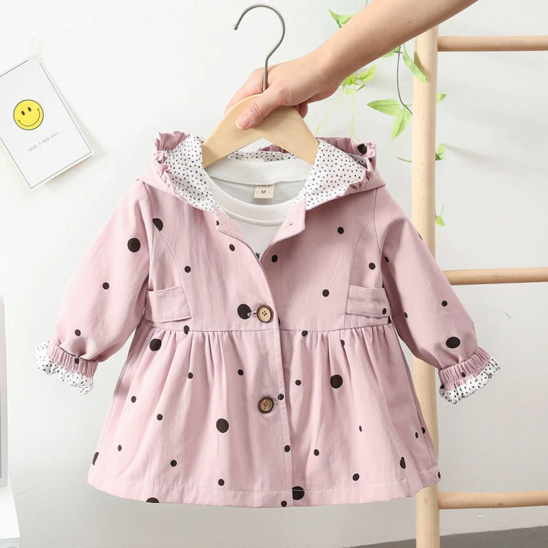 High end Spring Autumn Sweet pink jacket kids for girls Windbreaker Trench Hooded Coat Children Outerwear dots Baby Girls Coats Outerwear & Coats for baby