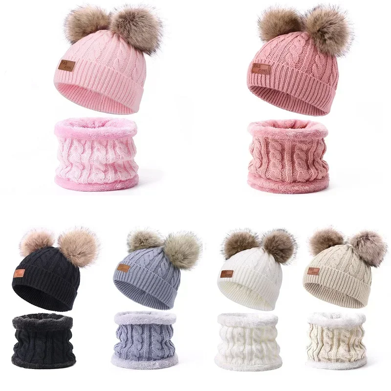 2 in 1 Kids Winter Hat and Neck Warmer Set Child Knitted Hat with Pompom Cute White Toddler Neckwarmer Girls Boys with Snood