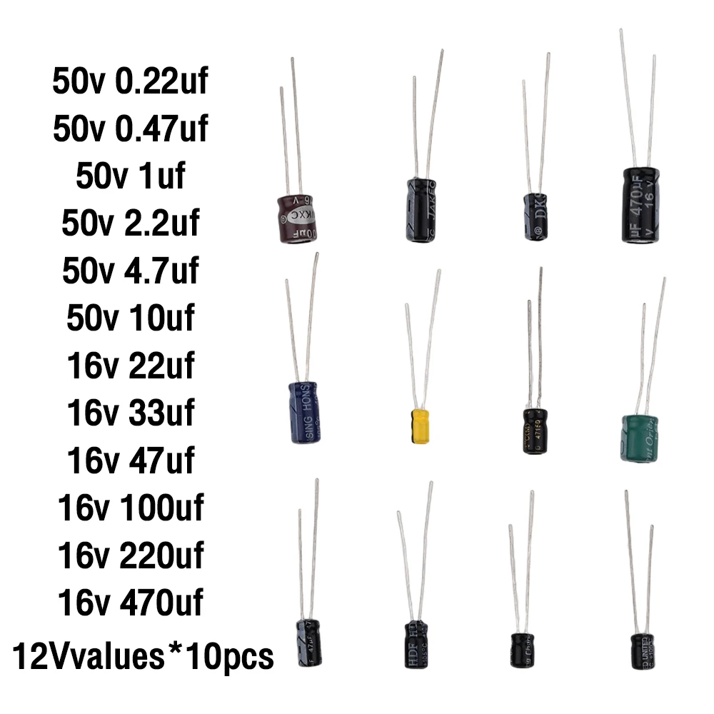 120pcs 12 values 0.22UF470UF Aluminum electrolytic capacitor kit Set 0.22μF 0.47μF 1 μF 2.2μF 4