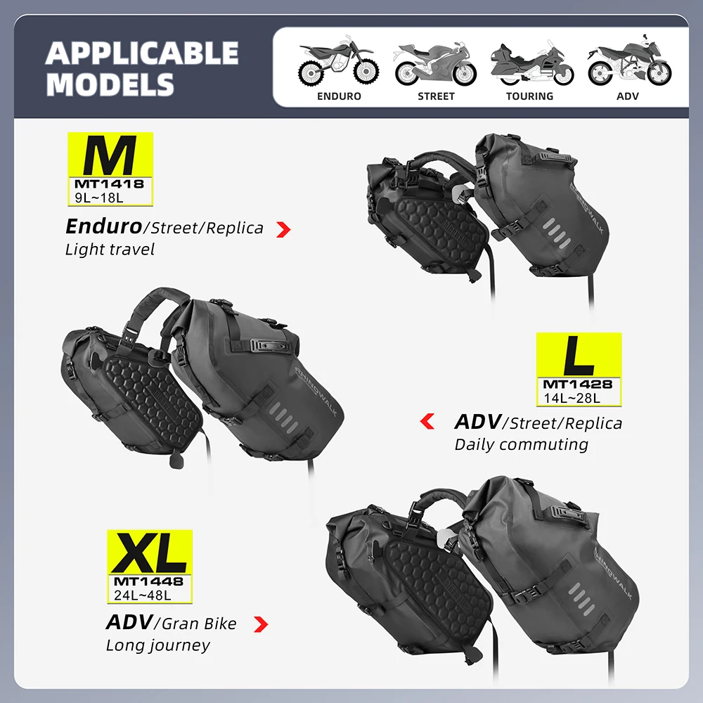 Rhinowalk 오토바이 가방, 100% 방수 오토바이 패니어 가방, 범용 핏 오토바이 열 차폐, 18L, 28L, 48L, 2 개