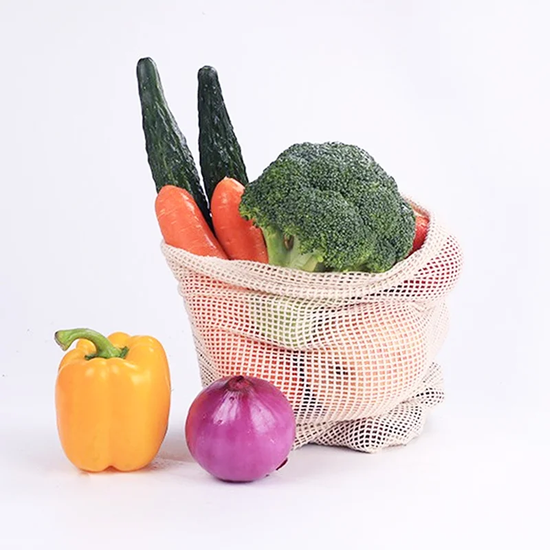 Reusable Cotton Mesh Produce Bags with Drawstring for Fruits and Vegetables Storage