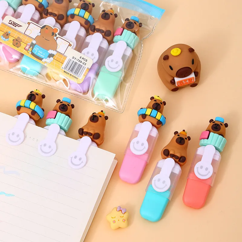 6pcs/set Cartoon Cute Capybara Mini 6 Color Fluorescent Pen Set Design Kindergarten Gift Student Color Marking Pen