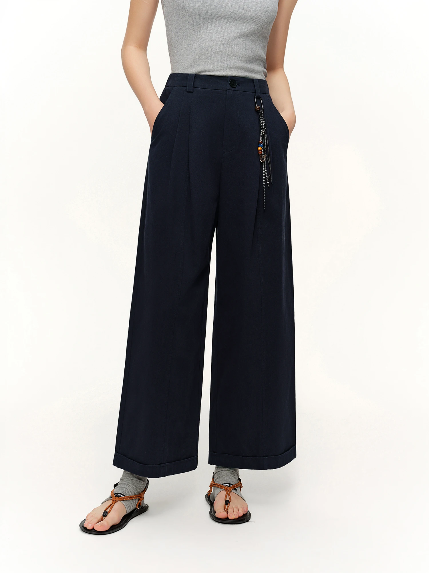 DUSHU Spring Women Beaded Drawstring High Waist Wide Leg Trousers Straight Fit Casual Pants Minimalist Street Style Loose Fit
